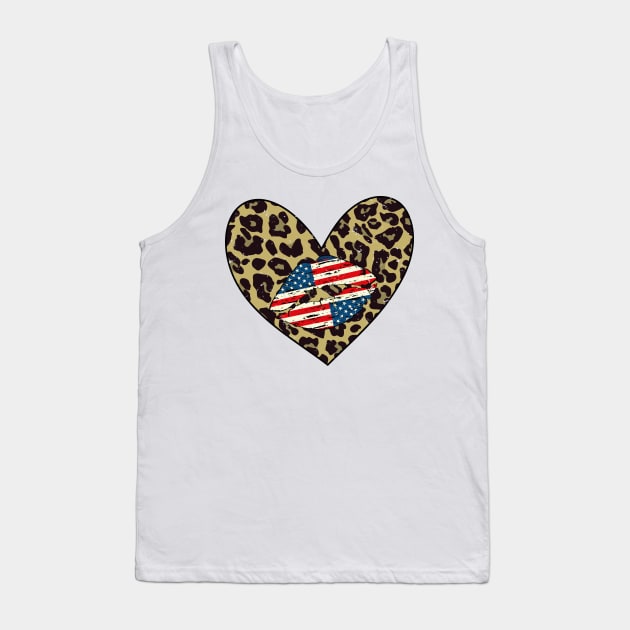 Cute Leopard Heart Gift - Distressed USA Kiss Gift - Fourth Of July Patriotic Gift Idea Tank Top by WassilArt